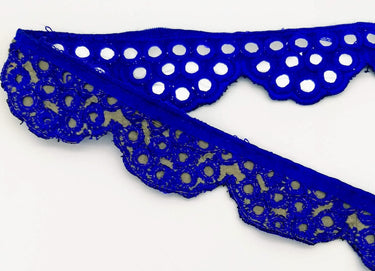 Royal Blue Mirror Trim, Kutch Embroidered Navratri Garba Dress Trim Bridal Lace, Indian Sari Border 40 mm Wide Trim Per Yard